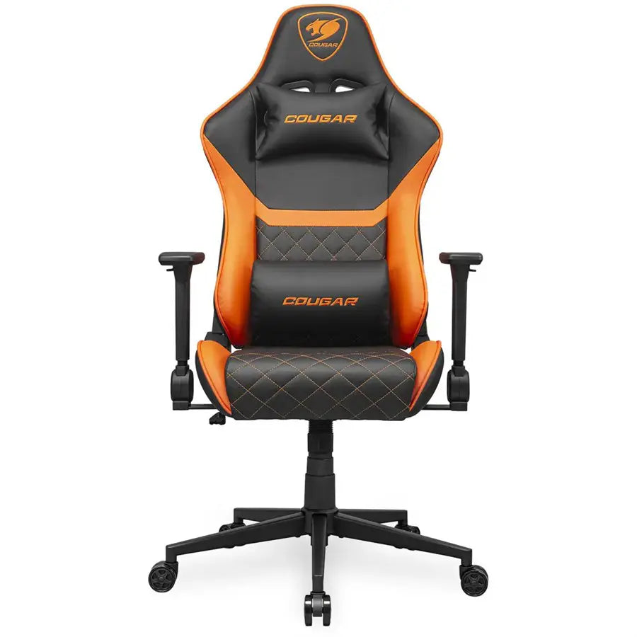 Cougar Armor One V2 Gaming Chair, PVC Leather Surface, 4D Folding Armrests, Lumbar and Neck Pillows, Back Pocket, High-Back Design, Black/Orange