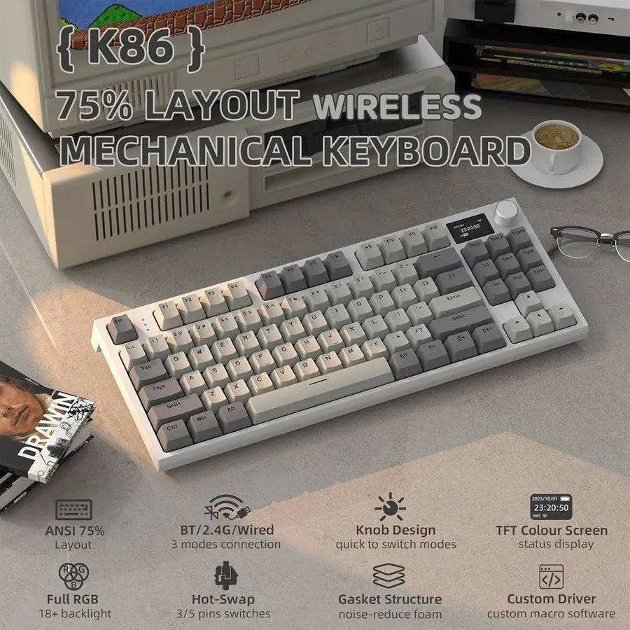 ATTACK SHARK K86 RGB Wireless Mechanical Keyboard, Hot-Swappable, Gasket Mount, RGB Backlit, 2.4GHz/BT/Wired, TFT Color Display & CNC Knob, Business Gray, Blue Whale Switch