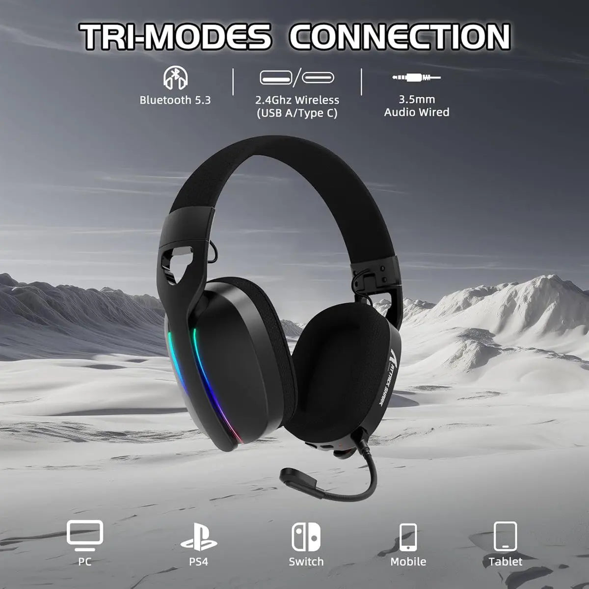 Attack Shark L90 Gaming Headset, Tri-Mode Bluetooth 5.3, 2.4GHz, 3.5mm, 7.1 Surround Sound, RGB Lighting, Black